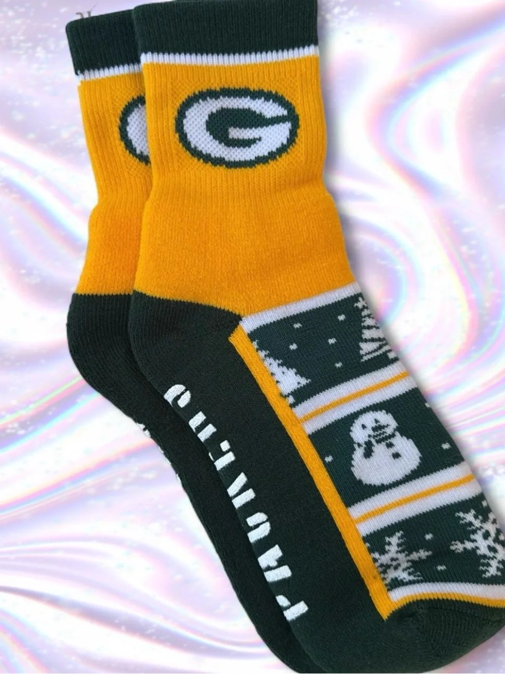 Green Bay Packers Green & Gold Team Logo Holiday Snowman Crew Socks - Men